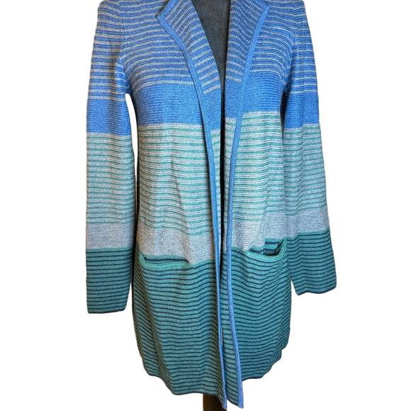 Talbots Sweaters - Talbots Pure Merino Wool Blue Striped Open Front Cardigan XS